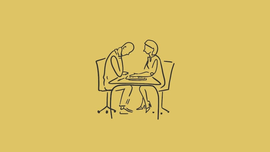 Illustration of two people having a conversation at a work desk.