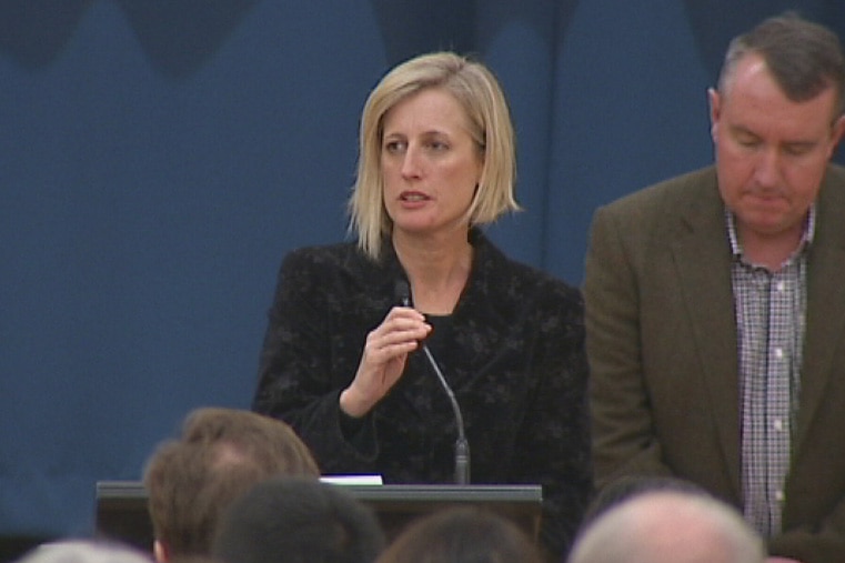 Chief Minister Katy Gallagher addresses a meeting of residents affected by Mr Fluffy residents on 6 July.