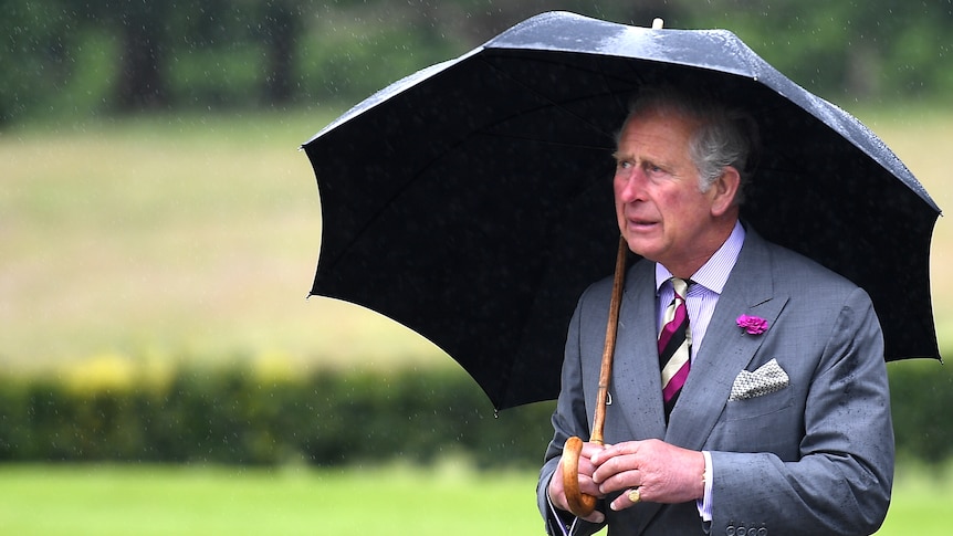 Britain's Prince Charles is seen holding an umbrella to take shelter from the rain.