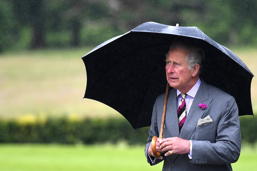 Britain's Prince Charles is seen holding an umbrella to take shelter from the rain.