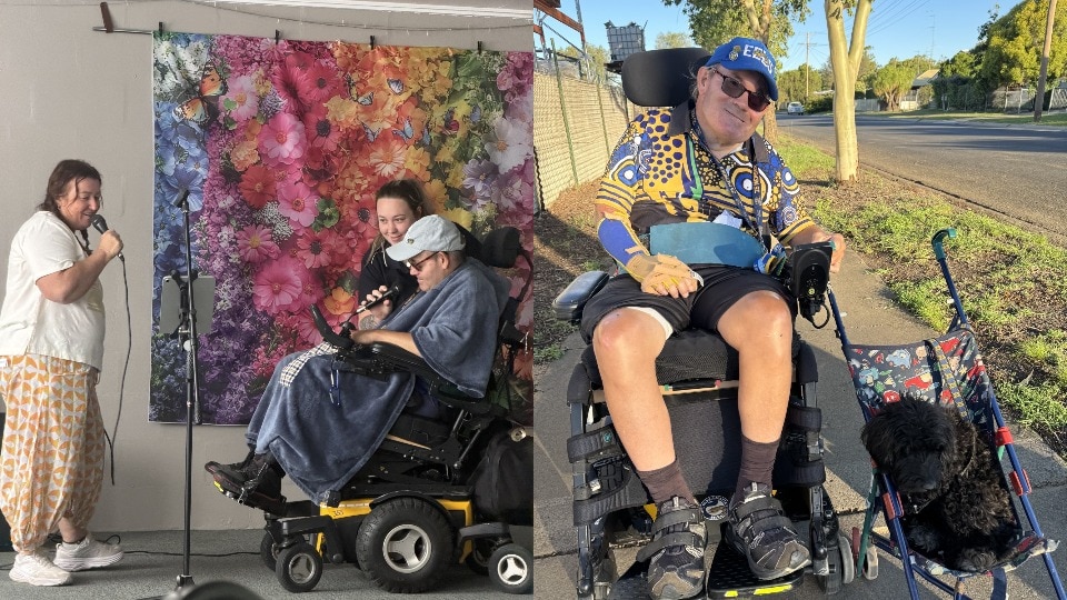 A woman and a man in a wheelchair performing karoke, and a man in a wheelchair with a small dog in a stroller