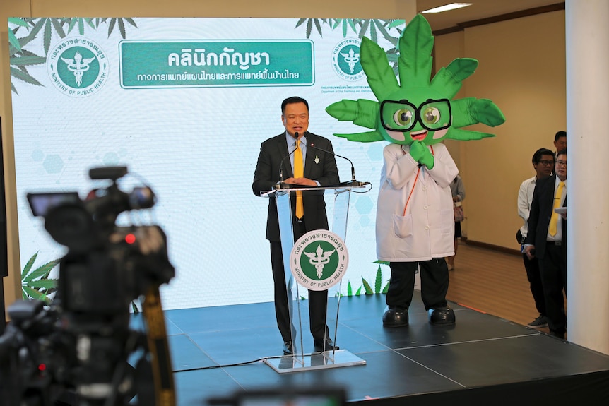 A man stands on a stage next to a mascot with a marijuana leaf head