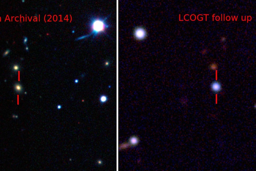 Before and after images of the distant galaxy containing the ASASSN-15lh supernova.