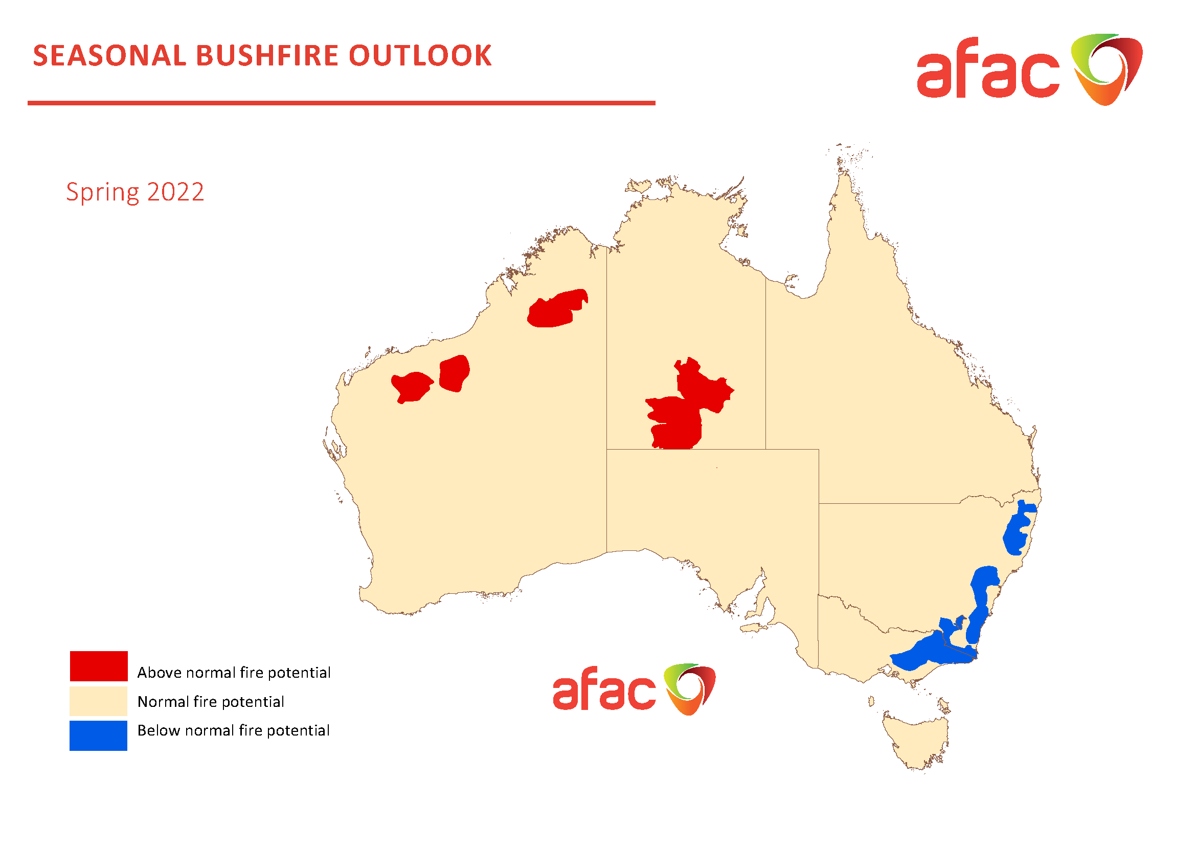 Map of Aus red in southern NT and parts of inland northern WA, blue indicating below normal up parts of eastern VIC and NSW