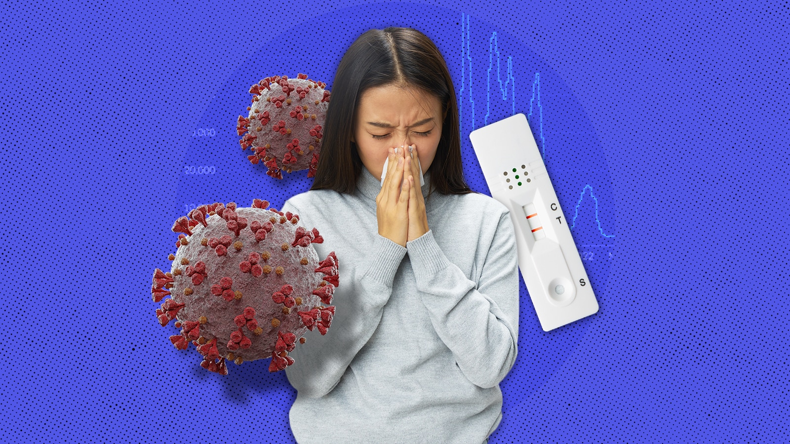 A graphic showing a positive COVID-19 RAT, a representation of the virus and a woman blowing her nose.