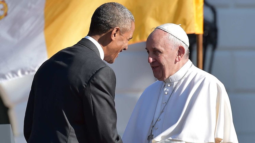 US president Barack Obama welcomes Pope Francis