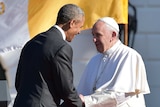 US president Barack Obama welcomes Pope Francis