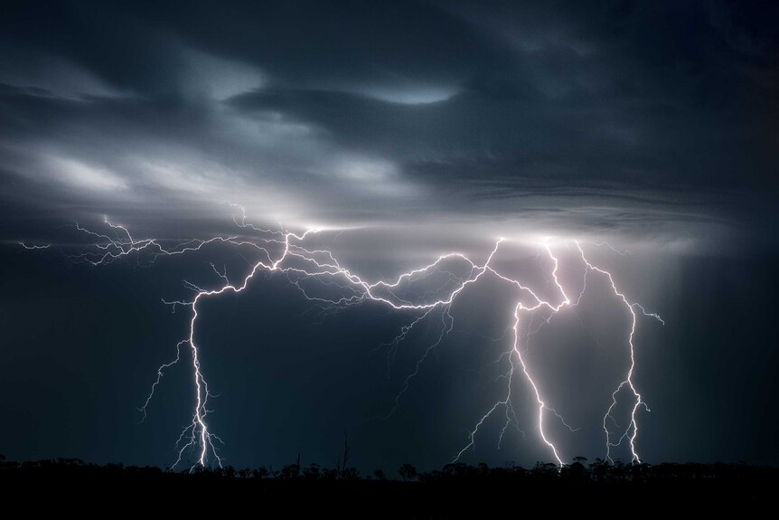 A lightning strike at night