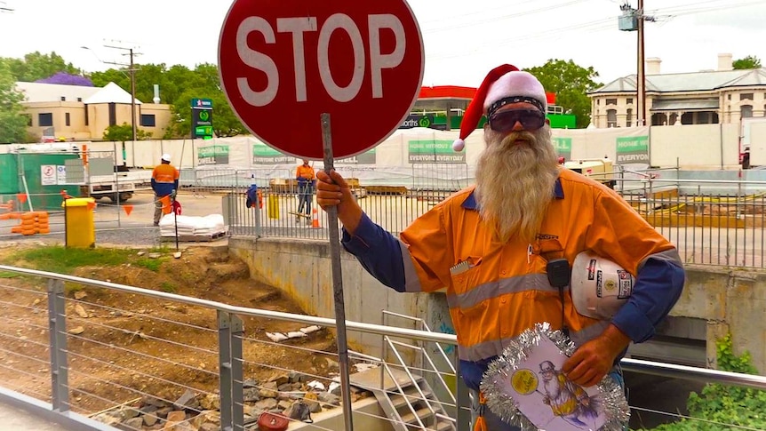 Anthony 'Bear' Sasha dressed in a Santa oufit for Christmas at the roadworks.