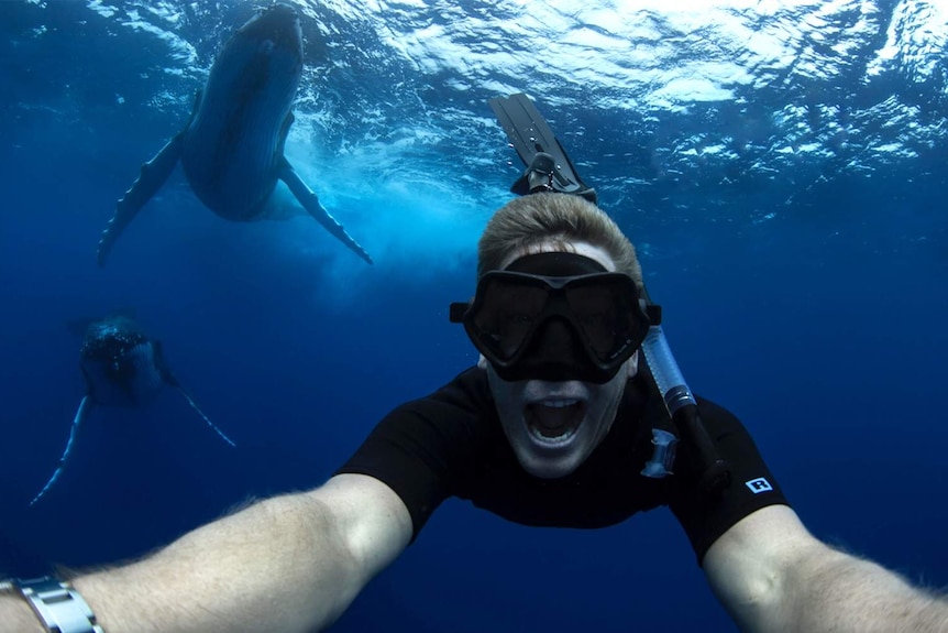 Craig Parry snaps a selfie with humpback whales in the background