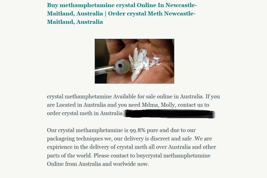 A screen shot from an online website claiming to sell the drug ice in Australia and overseas.