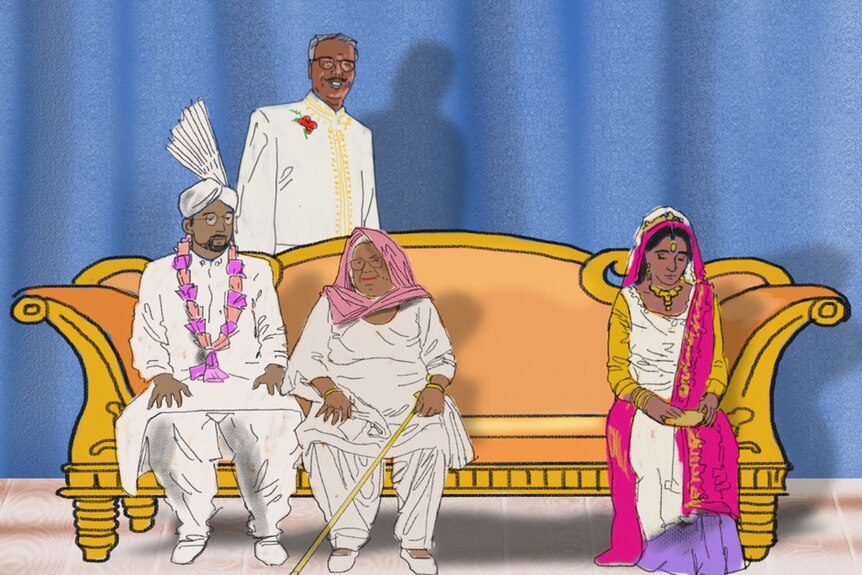 An illustration shows a Hindu couple sitting on a sofa, separated by the husband's parents.