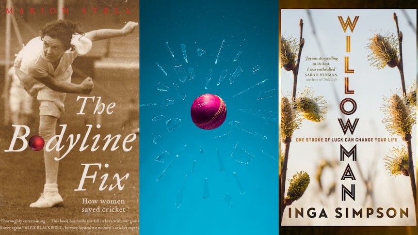 Two bookcovers (details in caption) flank a photo of cricket ball surrounded by broken glass against blue sky