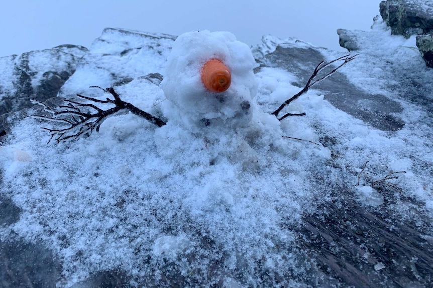 A snowman which closely resembles The Thing on top of Bluff Knoll.