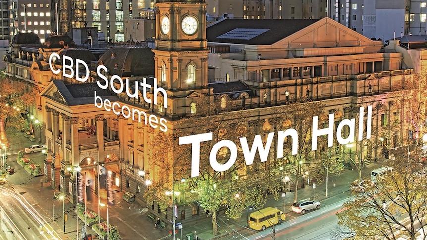 Graphic of the new name for the CBD South station, Town Hall, over a photo of Melbourne's city hall.