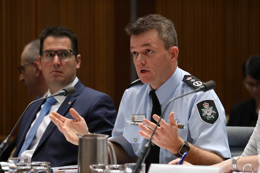 AFP Commissioner Andrew Colvin answers questions at a committee hearing. He's wearing his AFP uniform.