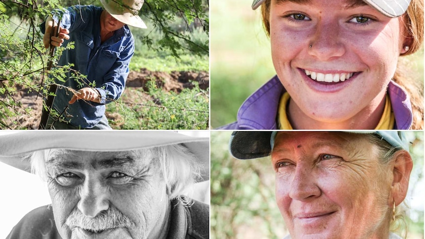 A collage of nine different images showing faces of people working with Blazeaid in north-west Queensland.