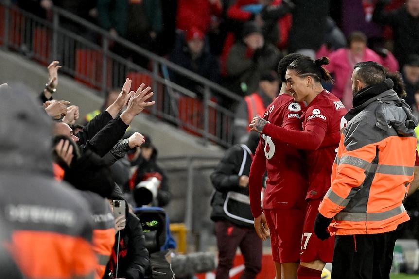 Darwin Núñez y Cody Gakpo de Liverpool celebran frente a los fanáticos durante un partido de la Premier League contra el Manchester United.