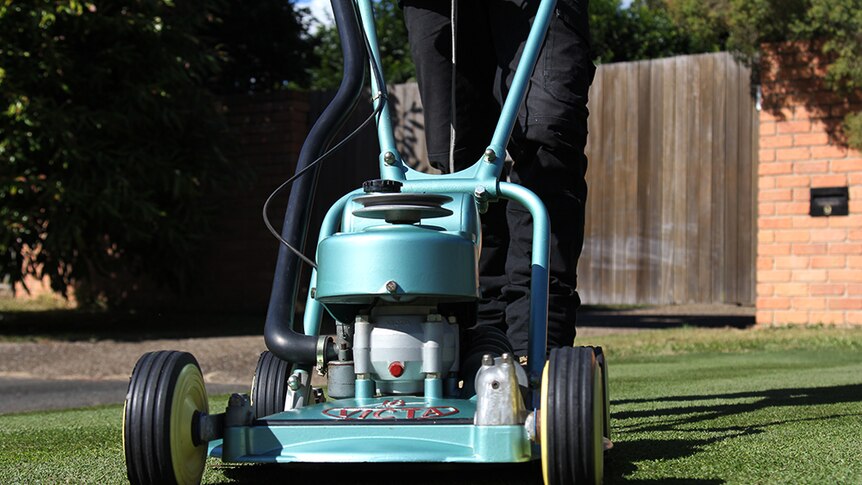 A man pushes his restored vintage Victa lawn mower over green grass.