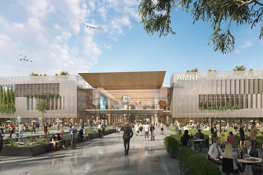 A digital render of the AMRF building, people milling around, modern square design