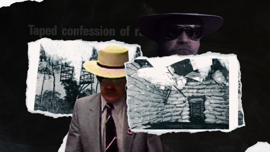 A composite image of a shady tooking man with a hat and