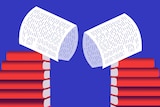 Illustration of two piles of red books with paper hoods to depict handmaids in Margaret Atwood's new book The Testaments