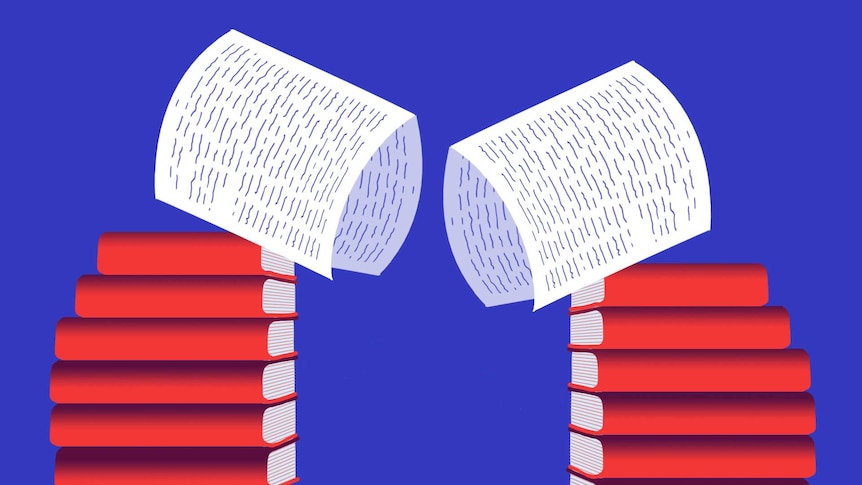 Illustration of two piles of red books with paper hoods to depict handmaids in Margaret Atwood's new book The Testaments