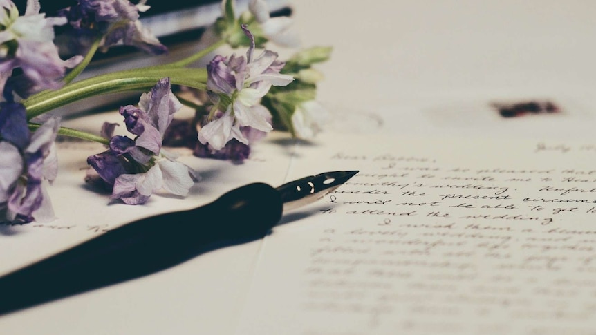 Purple flowers and a fountain pen resting on a hand-written letter