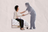 A graphic showing a nurse talking to a woman on a bed
