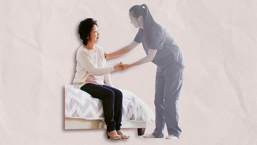 A graphic showing a nurse talking to a woman on a bed