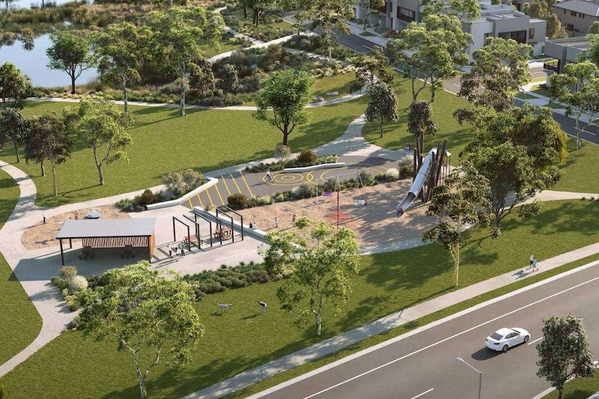 A bird's eye view shows gum trees dotted across a green park with a lake and playground.