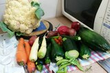 A pile of fresh home-grown vegetables in front of a microwave