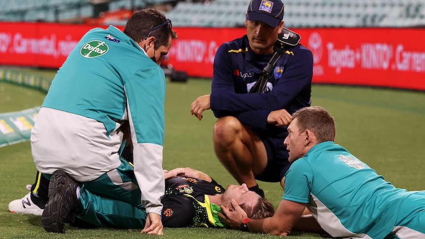 Steve Smith receives attention after hitting his head after falling while attempting to take a catch during T20 cricket game