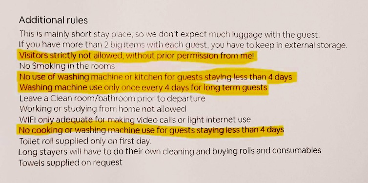 A screenshot of a list of rules for an Airbnb, with some highlighted. 
