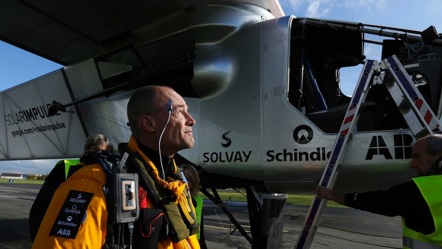 Swiss pilot Bertrand Piccard prepares for a test flight of the solar-powered Solar Impulse 2