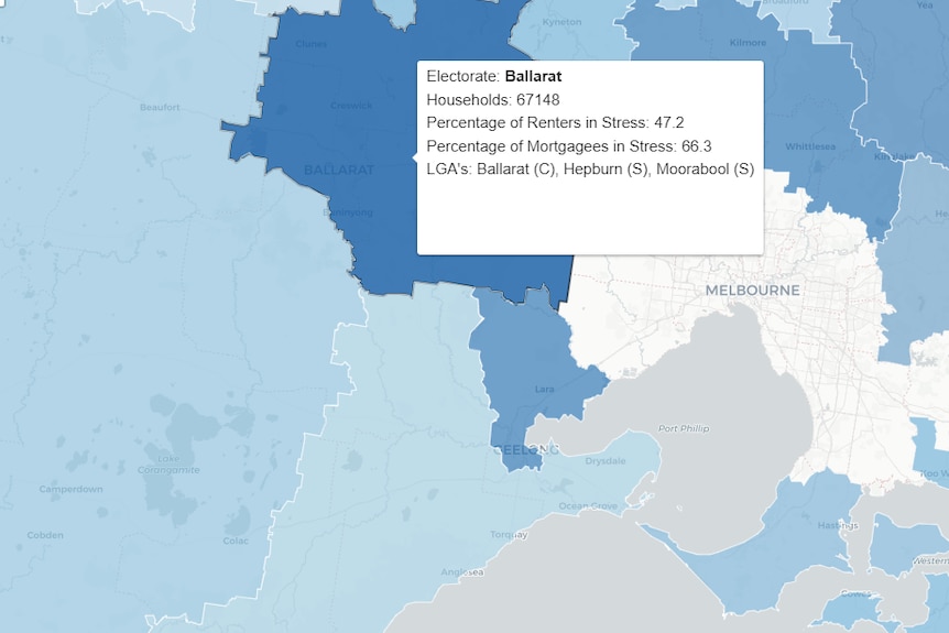a map showing mortgage and rental stresses in Victoria