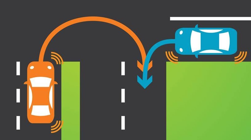 Diagram showing two cars at an intersection, asking which should go first