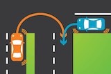 Diagram showing two cars at an intersection, asking which should go first