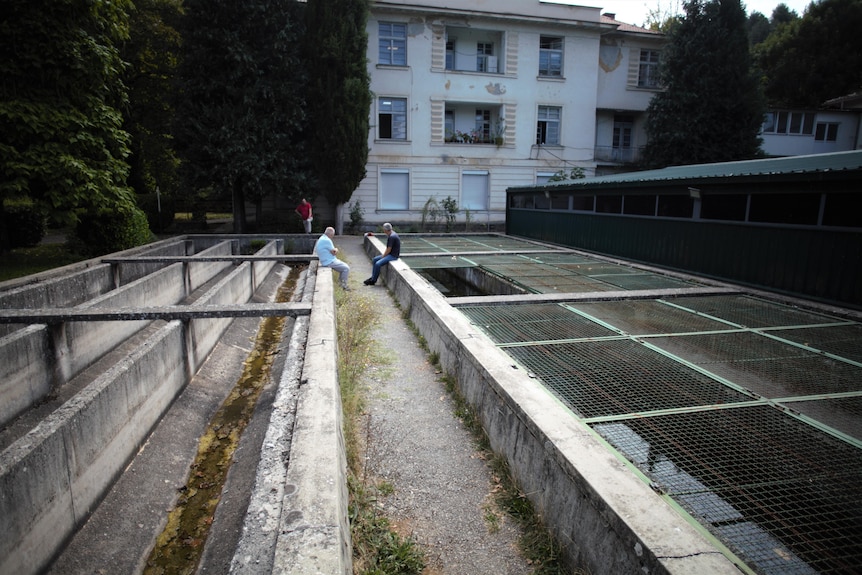 Empty concrete pools on one side of a path, with caged pools on the other. An old building in the background.