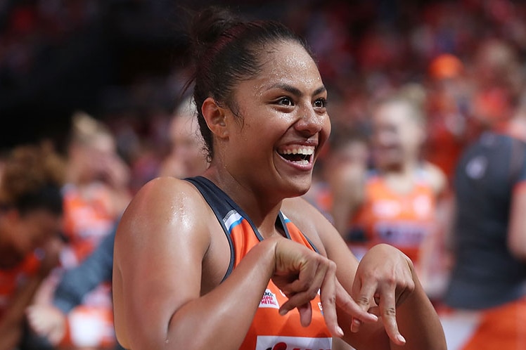 Kristiana Manu'a smiling after a Giants' Super Netball game in 2020.