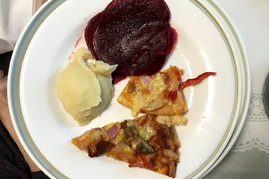Beetroot, mashed potato and pizza.