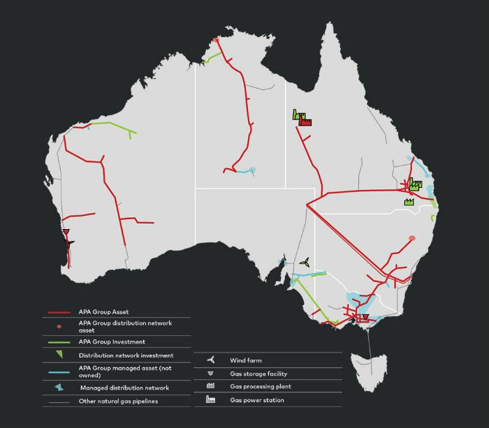 The map shows pipelines marked in red and green, as well as gas storage and processing facilities.