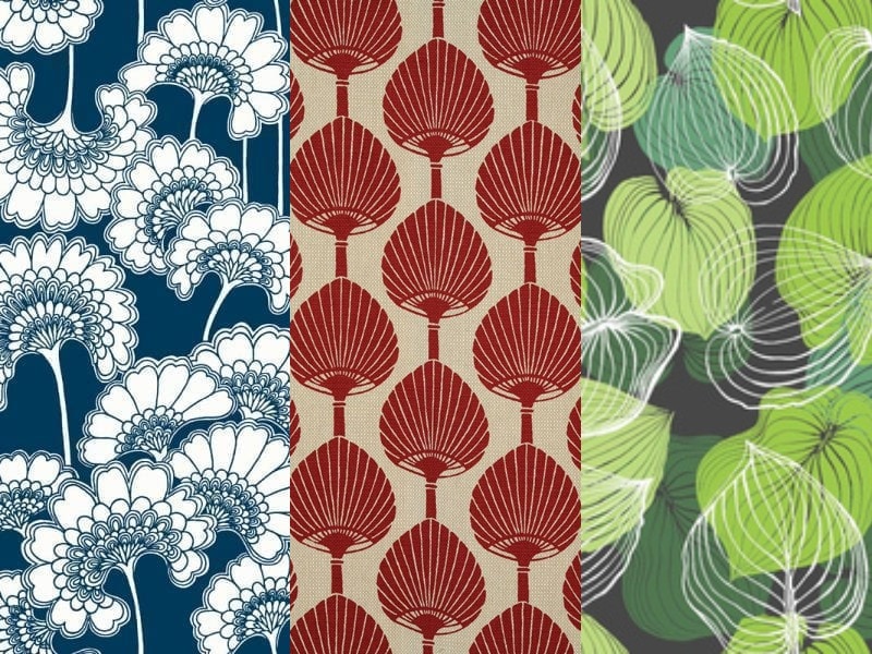 A composite of three wallpaper designs featuring flowers and leaves.