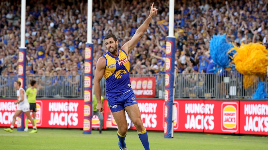 Jack Darling celebrates a goal for the Eagles against GWS