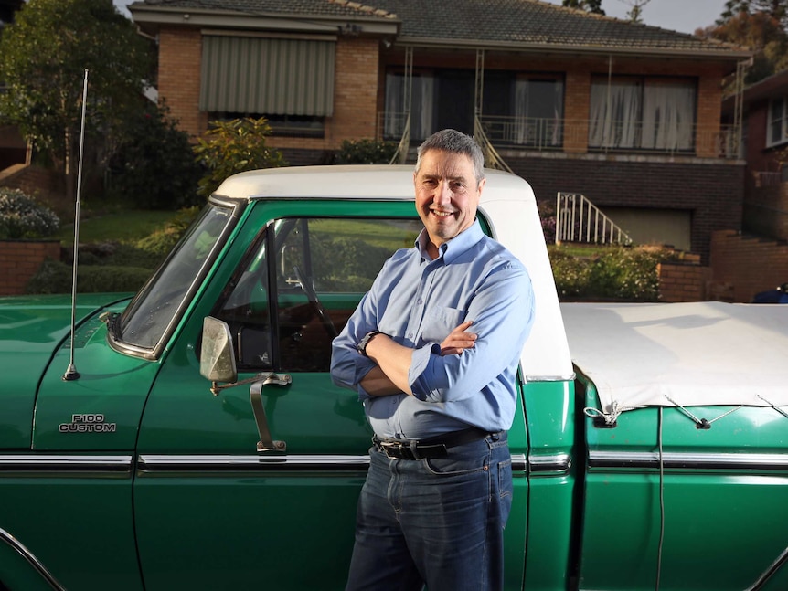 Geoff Hurst and an old Ford pick-up truck