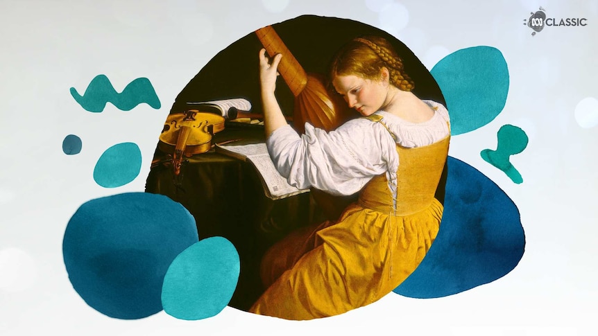 An image of composer Francesca Caccini with stylised musical notation overlayed in tones of teal.