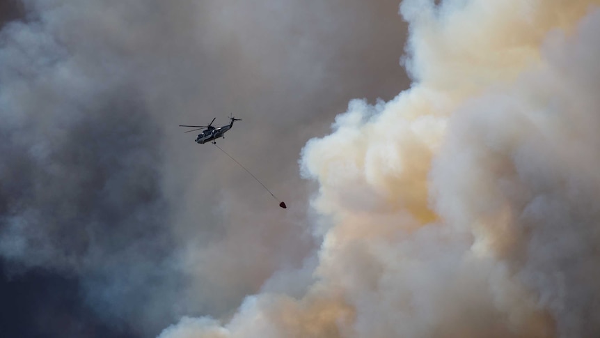 A helicopter flies into thick smoke while battling a major forest fire outside of Fort McMurray.