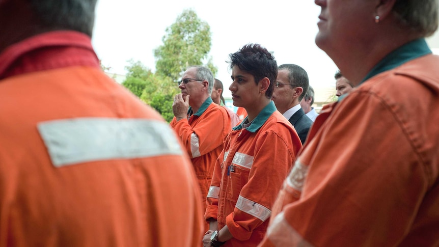 Nyrstar workers listen to the announcement about the future of their smelter at Port Pirie.