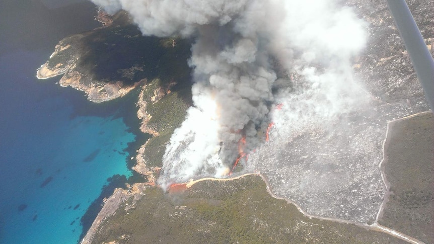 Aerial shot of the fire burning in the Two People's Bay Nature Reserve.