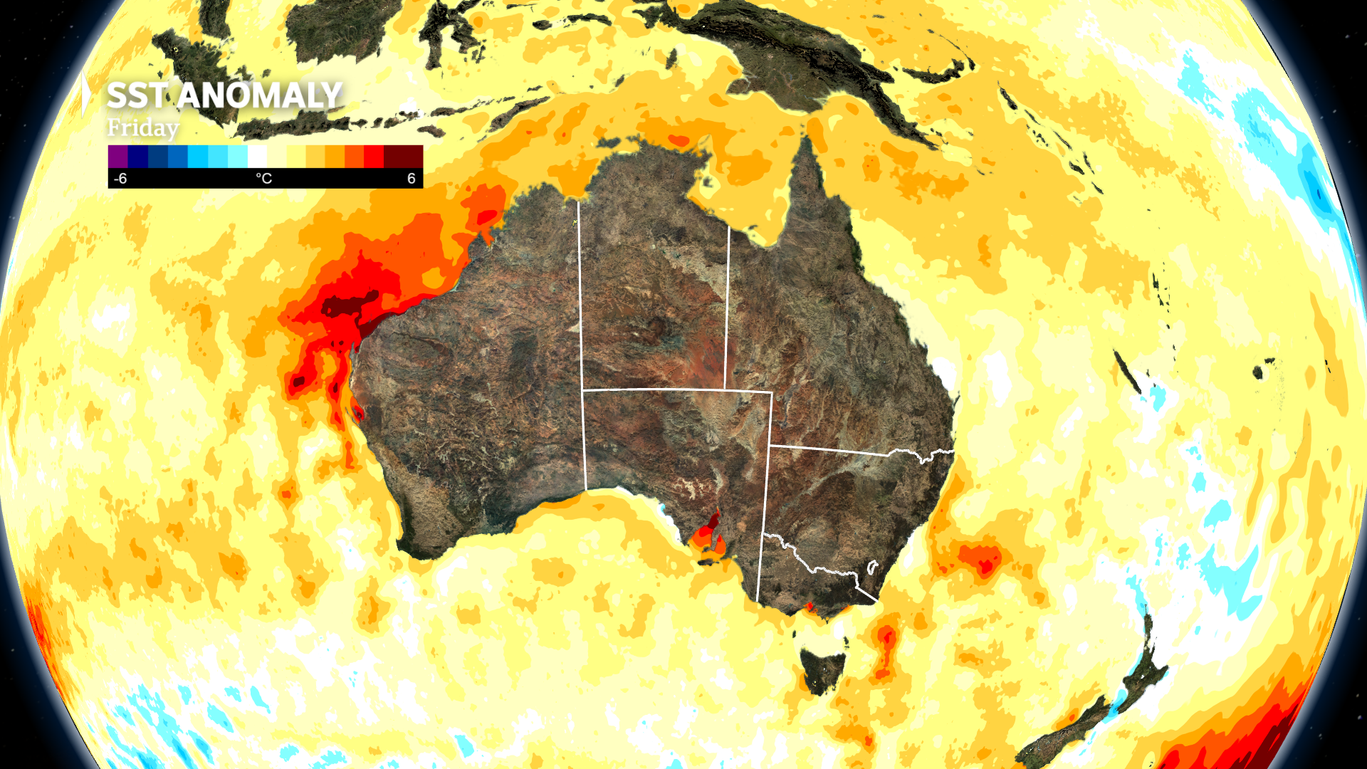 a weather map of australia show that seas are  simmering up to 2.5C above average off the east coast